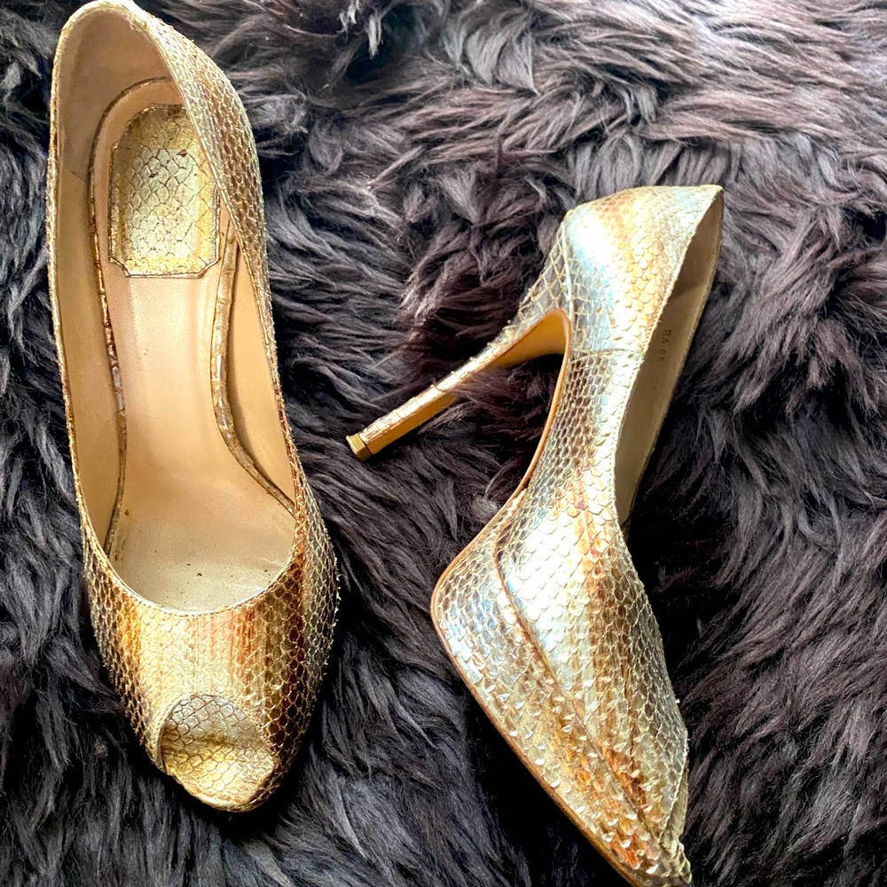 Christian Dior Gold Snakeskin Platform Peep toe